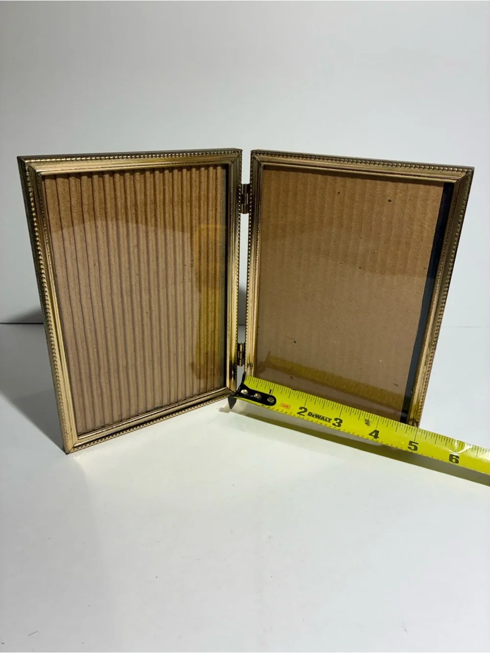 Vintage Brass Double Hinged Picture Frame Beaded Edge Bifold Gold Tone